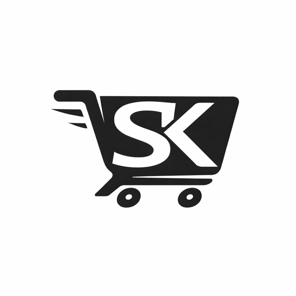 Black shopping cart icon with 'SK' letters on a white background